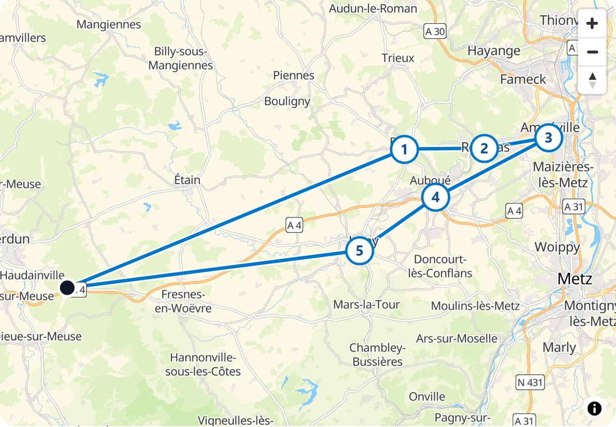 Carte du circuit : départ du Rozelier, puis Briey, Moyeuvre, Amnéville, Sainte-Marie-aux-Chênes, Jarny, et retour.