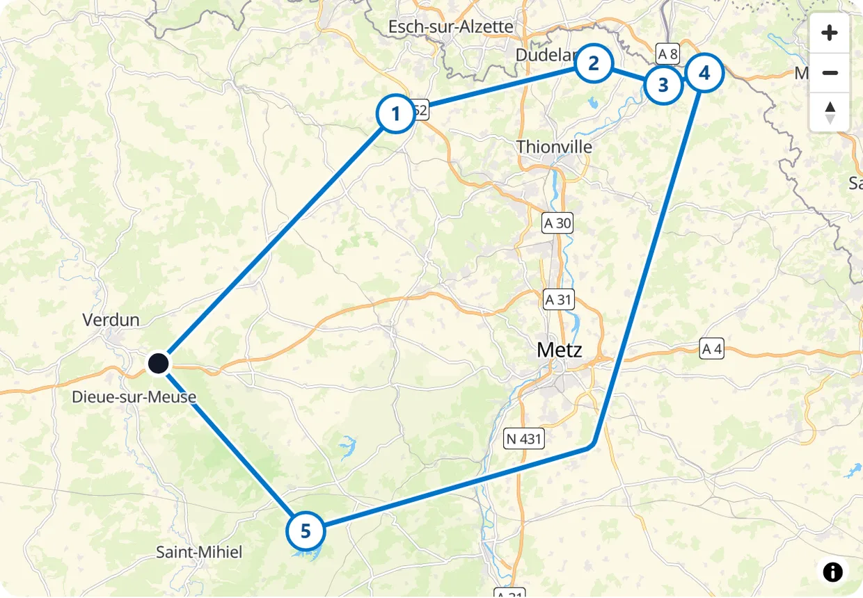 Carte du circuit : départ du Rozelier, puis Villerupt, Rodemack, Sierck-les-Bains, Château de Malbrouck, Lac de Madine, et retour.