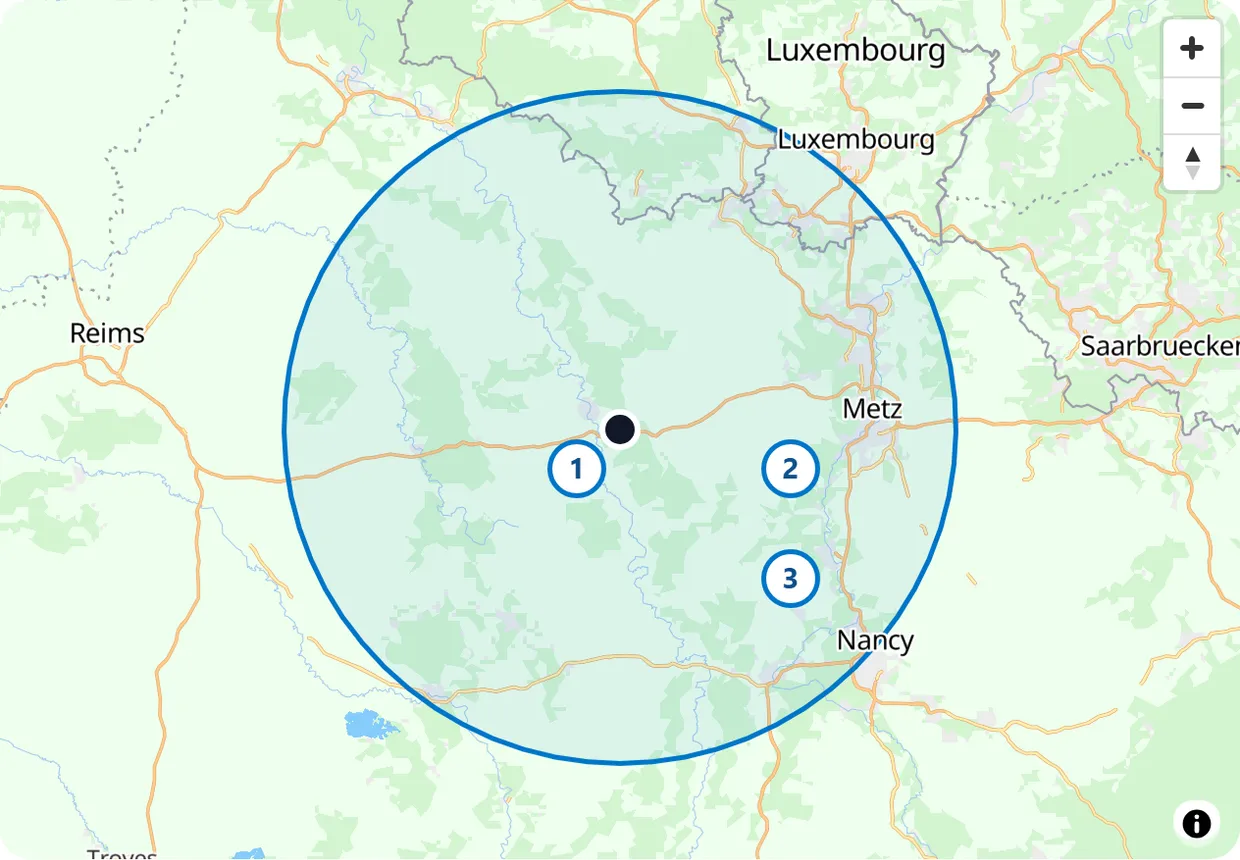 Carte du rayon d'action : environ 69 km autour de l'aérodrome du Rozelier, à Sommedieue.