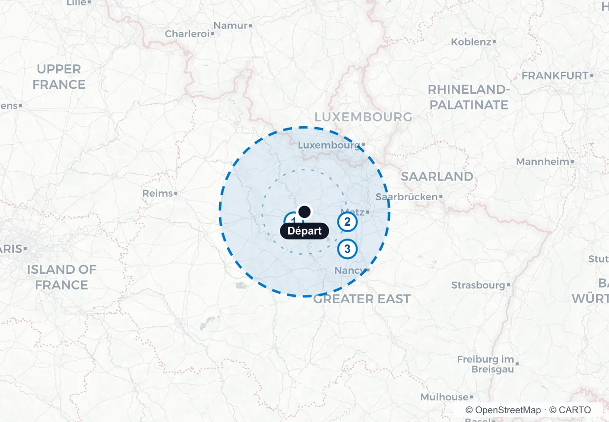 Carte du rayon d'action : environ 69 km autour de l'aérodrome du Rozelier, à Sommedieue.