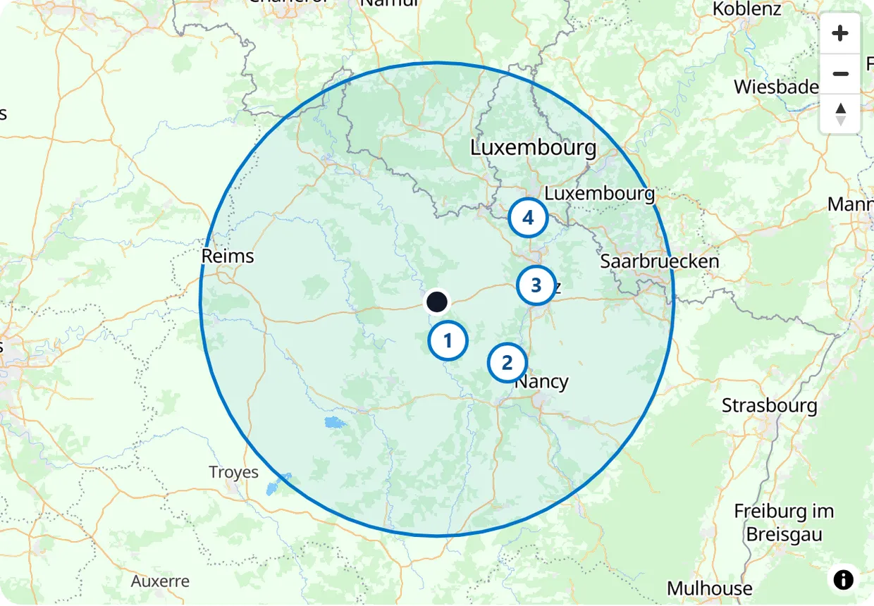 Carte du rayon d'action : environ 118 km autour de l'aérodrome du Rozelier, à Sommedieue.